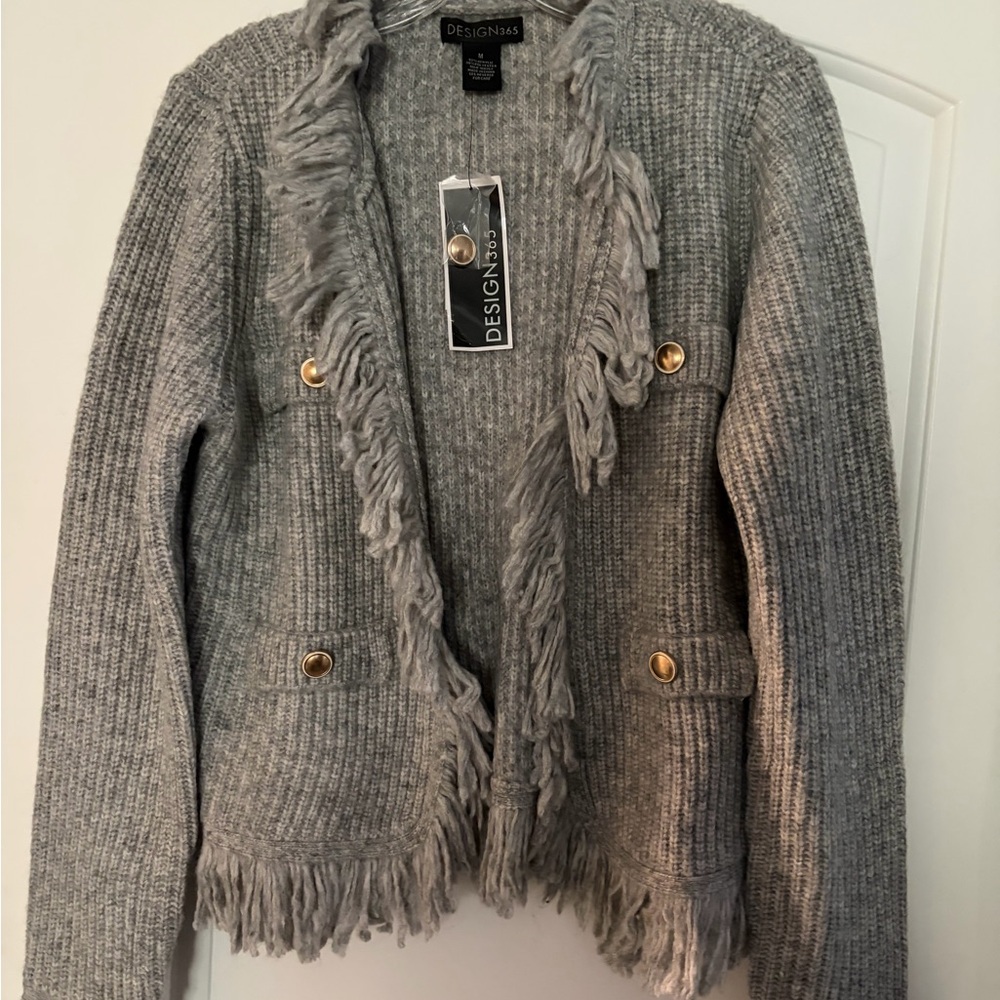 Designs Inc. Gray Fringed Cardigan Sweater